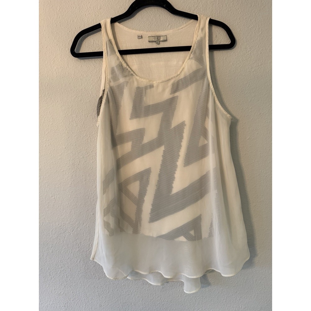 Guess Women's Sleeveless Geometric Print  Double‎ Layer Tank Size Large Cream